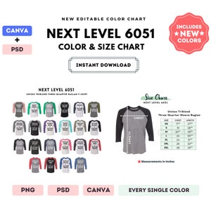 Może przedstawiać: Tabela kolorów dla męskich i damskich t-shirtów z rękawami 3/4 raglan z mieszanki triblend Next Level 6051. Tabela przedstawia 24 różne opcje kolorystyczne dla t-shirtów, w tym czarny, biały, szary melanż, czerwony vintage i granatowy. Tabela zawiera również tabelę rozmiarów z wymiarami w calach dla klatki piersiowej i długości.
