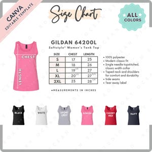Tabla de tallas y colores de Gildan 64200L / Plantilla de Canva EDITABLE / Camiseta sin mangas Softstyle para mujer G642L / Tabla de tallas G642L / Tabla de tallas editable de CANVA