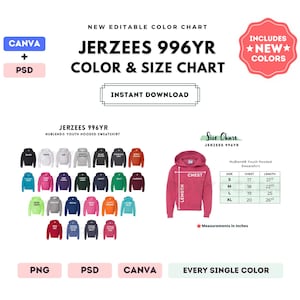 Jerzees 996YR Color + Size Chart | EDITABLE Canva Template | 996YR NuBlend Youth Hooded Sweatshirt | 996YR Size Chart | CANVA + PSD Editable