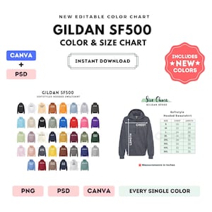 Tabla de colores y tallas SF500 / Plantilla Canva editable / Sudadera con capucha SF500 Softstyle / Tabla de tallas SF500 / Tabla de colores editable en CANVA y PSD