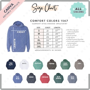 Comfort Colors 1567 Size + Color Chart | EDITABLE Canva Template | 1567 Hooded Sweatshirt | 1567 Size Chart | CANVA Editable Size Chart
