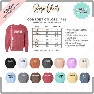 May include: A size chart for a unisex crewneck sweatshirt, with measurements in inches. The chart includes chest and length measurements for sizes S to 3XL. Color options include black, white, yam, pepper, peachy, neon violet, ivory, and more.