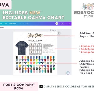 Peut inclure: Un mod&egrave;le de conception num&eacute;rique sur un &eacute;cran Canva, pr&eacute;sentant un tableau des tailles pour un t-shirt Port & Company PC54. L'image comprend des options de couleurs et des instructions d'&eacute;dition. Le logo Roxy Ocean Studio est visible.
