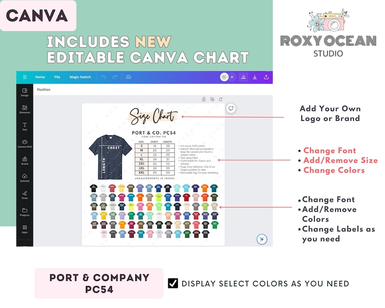 Peut inclure: Un mod&egrave;le de conception num&eacute;rique sur un &eacute;cran Canva, pr&eacute;sentant un tableau des tailles pour un t-shirt Port & Company PC54. L'image comprend des options de couleurs et des instructions d'&eacute;dition. Le logo Roxy Ocean Studio est visible.