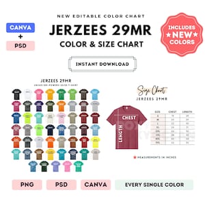 Jerzees 29MR Color + Size Chart | EDITABLE Canva Template | 29MR Dri-Power 50/50 T-Shirt | 29MR Size Chart | CANVA + PSD Editable Template