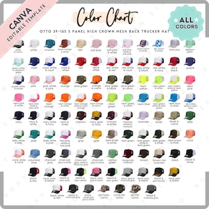 May include: Color chart of Otto 39-165 5-panel high crown mesh back trucker hats. The chart displays a wide array of colors, including white, red, blue, green, and various combinations, with the text "ALL COLORS" at the top.