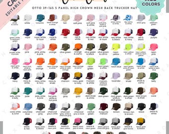 Tabela de cores do boné Otto 39-165 | Modelo Canva editável | Tabela de cores do boné trucker Otto de 5 painéis com tela na parte traseira | Guia de cores do boné Otto 39-165