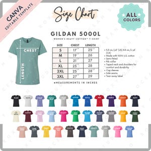 Puede incluir: Tabla de tallas para camisetas Gildan 5000L de algodón pesado para mujer. La tabla incluye medidas de pecho y largo en pulgadas para las tallas S a 3XL. La imagen también muestra una variedad de colores de camisetas.