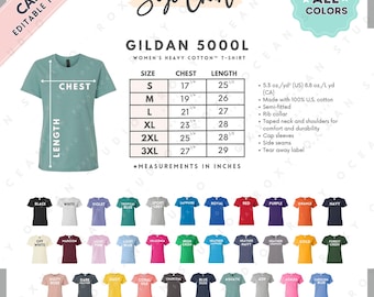 Tabela de Tamanhos e Cores da Camiseta Gildan 5000L | Modelo EDITÁVEL no Canva | Camiseta Feminina de Algodão Pesado G500L | Tabela de Tamanhos G500L | Modelo Editável no Canva