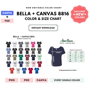 Bella Canvas 8816 Tabla de colores y tallas / Plantilla editable de Canva / Camiseta holgada para mujer 8816 / Tabla de tallas 8816 / Plantilla editable de Canva y PSD