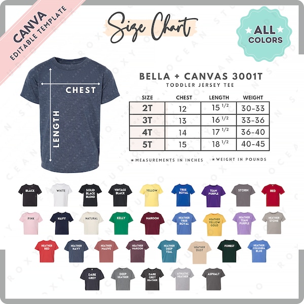 Bella Canvas 3001T Size + Color Chart | EDITABLE Canva Template | 3001T Toddler Jersey Tee | 3001T Size Chart | CANVA Editable Size Chart