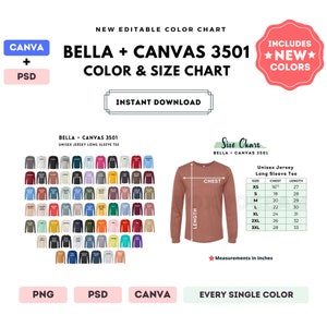 Bella Canvas 3501 Tabla de colores y tallas / Plantilla editable de Canva / Camiseta de manga larga unisex 3501 / Tabla de tallas 3501 / Plantilla CANVA + PSD