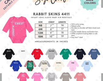 Rabbit Skins 4411 Size + Color Chart | EDITABLE Canva Template | 4411 Infant Long Sleeve Bodysuit | 4411 Size Chart | CANVA Editable Size