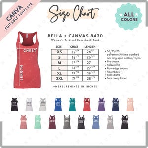 Tabla de tallas y colores Bella Canvas 8430 / Plantilla editable de Canva / Camiseta sin mangas triblend con espalda cruzada para mujer 8430 / Tabla de tallas 8430 / Plantilla editable de CANVA