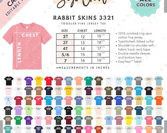 Tabela de Tamanhos e Cores Rabbit Skins 3321 | Modelo EDITÁVEL no Canva | Camiseta Infantil de Malha Fina 3321 | Tabela de Tamanhos 3321 | Tabela de Tamanhos Editável no Canva