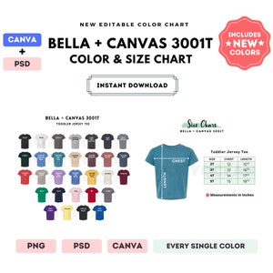 Bella Canvas 3001T Tabla de colores y tallas / Plantilla editable de Canva / Camiseta de jersey para niño 3001T / Tabla de tallas 3001T / Tabla editable en CANVA + PSD