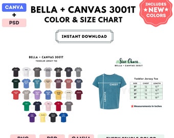 Bella Canvas 3001T Color + Size Chart | EDITABLE Canva Template | 3001T Toddler Jersey Tee | 3001T Size Chart | CANVA + PSD Editable Chart
