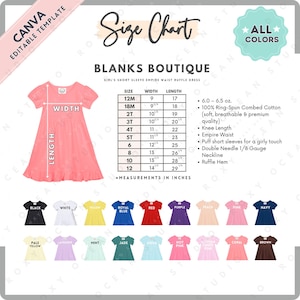 Puede incluir: Vestido rosa de manga corta para niña, cintura imperio, con volantes, tabla de tallas y opciones de color. El vestido tiene mangas abullonadas y un dobladillo con volantes. Las medidas están en pulgadas.