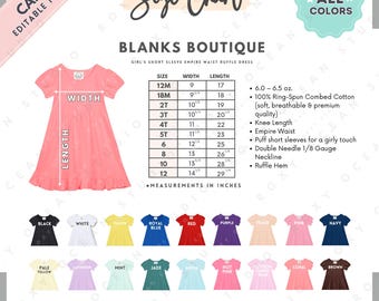 Tabela de Tamanhos e Cores do Vestido Infantil Blanks Boutique com Manga Curta, Cintura Império e Babados | Modelo EDITÁVEL no Canva | Tabela de Tamanhos de Vestidos com Babados