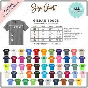 Könnte beinhalten: Ein graues Gildan 5000B Jugend-T-Shirt aus schwerer Baumwolle mit Größentabelle und Farbauswahl. Die Größentabelle zeigt Brust- und Längenmaße in Zoll für die Größen XS bis XL. Das Shirt ist in verschiedenen Farben erhältlich.