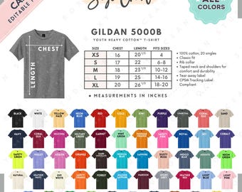 Gildan 5000B Size + Color Chart | EDITABLE Canva Template | G500B Heavy Cotton Youth T-Shirt | G500B Size Chart | CANVA Editable Size Chart