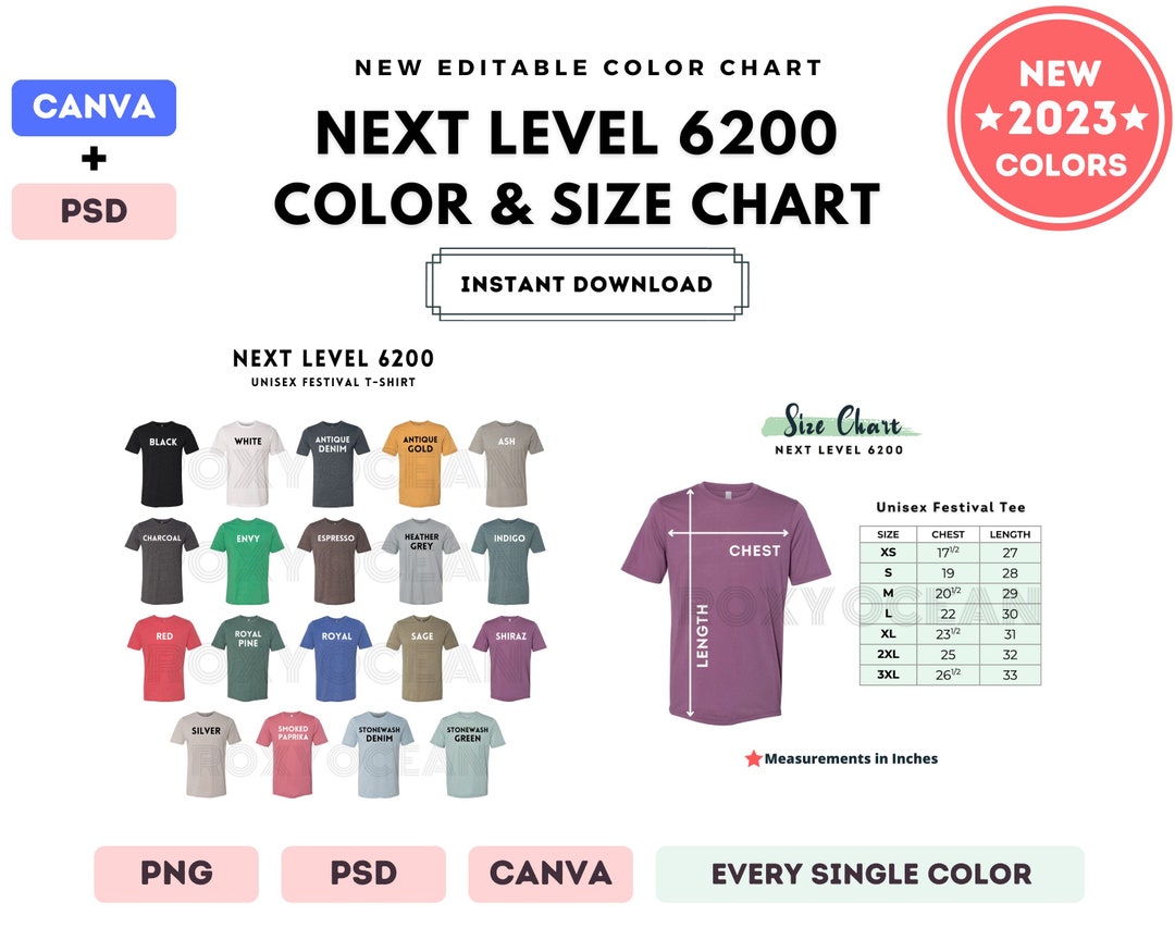 Next Level 6200 Color Size Chart EDITABLE Canva Template - Etsy