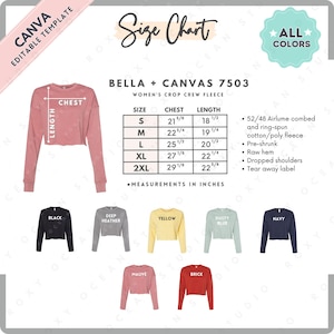 Tabla de tallas y colores Bella Canvas 7503 / Plantilla editable de Canva / Sudadera corta de polar para mujer 7503 / Tabla de tallas 7503 / Talla editable de CANVA