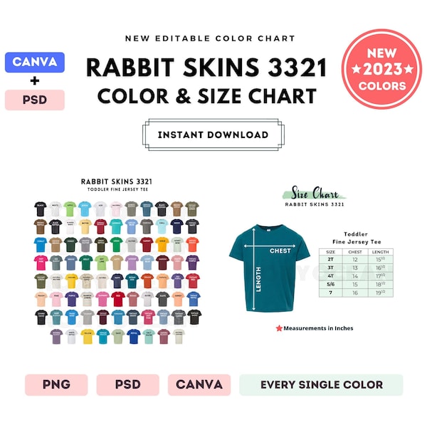 Rabbit Skins 3321 Color + Size Chart | EDITABLE Canva Template | 3321 Toddler Jersey Tee | 3321 Size Chart | CANVA + PSD Editable Template