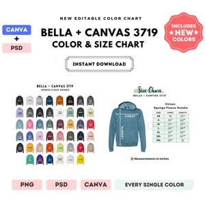 Bella Canvas 3719 Tabla de colores y tallas / Plantilla editable de Canva / Sudadera con capucha de polar de esponja 3719 / Tabla de tallas 3719 / Plantilla editable de CANVA + PSD