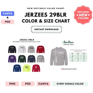 Jerzees 29BLR Color + Size Chart | EDITABLE Canva Template | 29BLR Youth Long Sleeve T-Shirt | 29BLR Size Chart | CANVA + PSD Editable