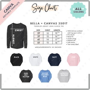 Tabla de tallas y colores Bella Canvas 3501T / Plantilla Canva EDITABLE / Camiseta de manga larga de jersey para niños pequeños 3501T / Tabla de tallas 3501T / Plantilla Canva editable