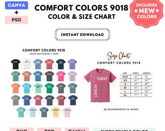 Comfort Colors 9018 Color + Size Chart | EDITABLE Canva Template | 9018 Youth Heavyweight T-Shirt | 9018 Size Chart | CANVA + PSD Editable
