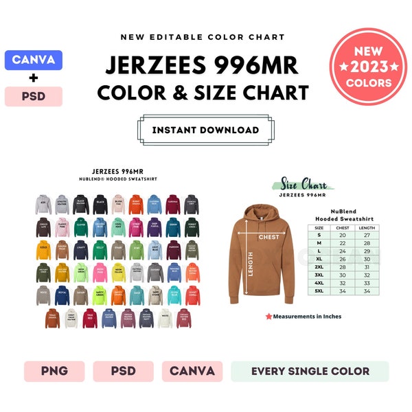 Jerzees 996MR Color + Size Chart | EDITABLE Canva Template | 996MR Hooded Sweatshirt | 996MR Size Chart | CANVA + PSD Editable Color Chart
