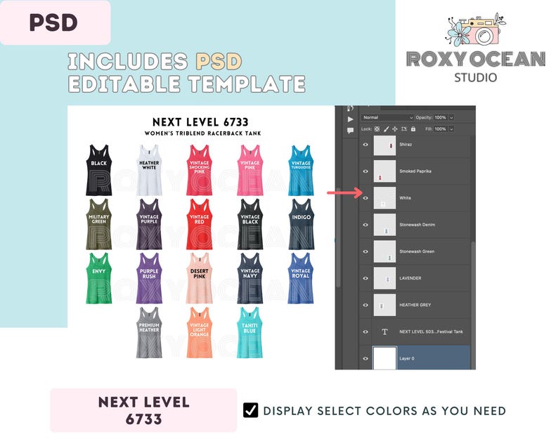 Tabella colori e taglie Next Level 6733 / Modello Canva modificabile / Canotta da donna Triblend Racerback 6733 / Tabella taglie 6733 / CANVA + PSD modificabile immagine 3