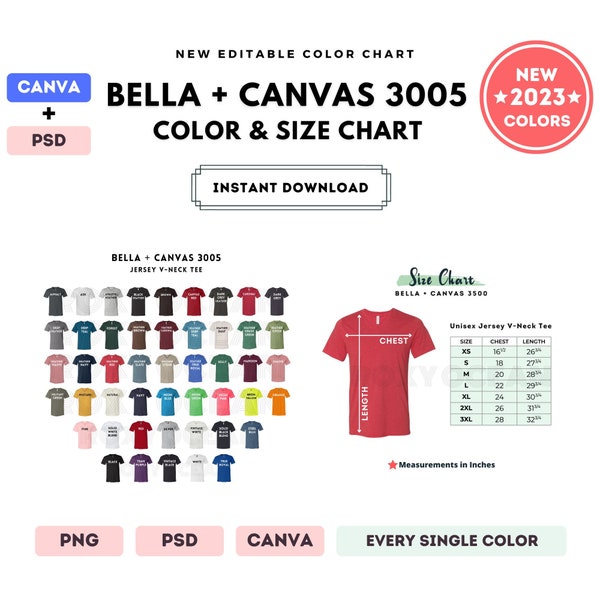 Bella Canvas 3005 Farbe + Größentabelle | EDITIERBARE Canva Vorlage | 3005 Jersey T-Shirt mit V-Ausschnitt | 3005 Größentabelle | CANVA + PSD bearbeitbare Farbkarte