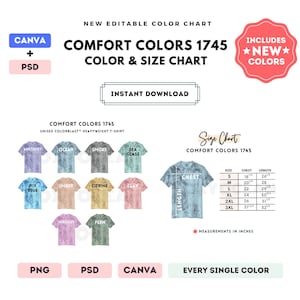 Puede incluir: Una tabla de colores para camisetas unisex Comfort Colors 1745. La tabla incluye una guía de tallas con medidas de pecho y largo en pulgadas. La imagen muestra varios colores de camisetas, incluyendo Amethyst, Ocean, Smoke, Sea Glass, Fiji Blue, Umber, Citrine, Clay, Hibiscus y Fern.
