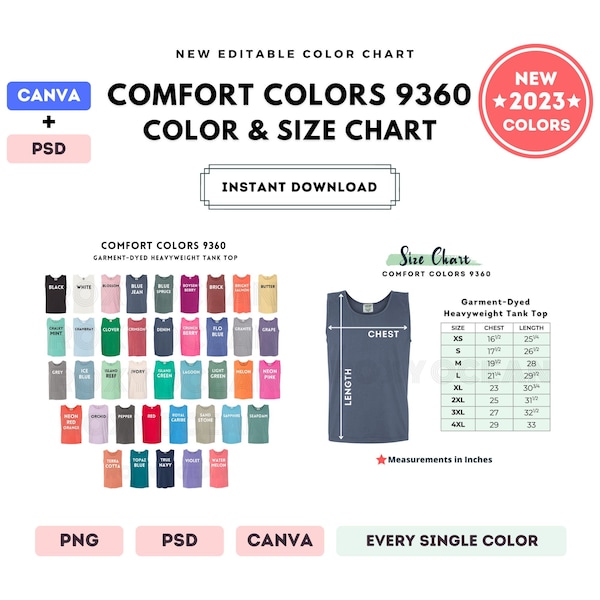 Comfort Colors 9360 Color + Size Chart | EDITABLE Canva Template | 9360 Heavyweight Tank Top | 9360 Size Chart | CANVA + PSD Editable