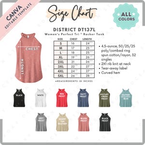 Tabla de tallas y colores de District DT137L / Plantilla Canva EDITABLE / Camiseta sin mangas Tri Rocker Perfect para mujer DT137L / Tabla de tallas DT137L / Plantilla CANVA editable