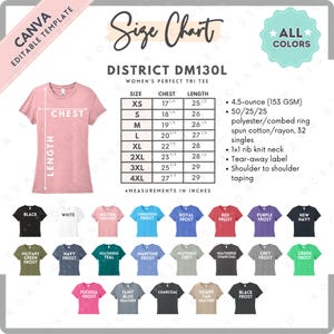 District DM130L Maat- en kleurentabel | Bewerkbare Canva-sjabloon | DM130L Perfect Tri Tee voor dames | DM130L Maattabel | Bewerkbare kleuren in CANVA