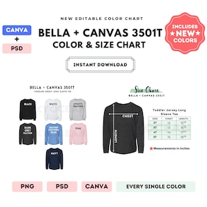 Bella Canvas 3501T Tabla de colores y tallas / Plantilla editable de Canva / Camiseta de jersey para niño 3501T / Tabla de tallas 3501T / Tabla editable en CANVA y PSD