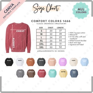 Comfort Colors 1466 Tableau des tailles et des couleurs | Modèle de toile MODIFIABLE | 1566 Sweat-shirt ras du cou | Tableau des tailles 1566 | Taille modifiable CANVA