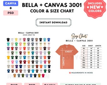 Bella Canvas 3001 Color + Size Chart | EDITABLE Canva Template | 3001 Unisex Jersey Tee | 3001 Size Chart | CANVA + PSD Editable Color Chart