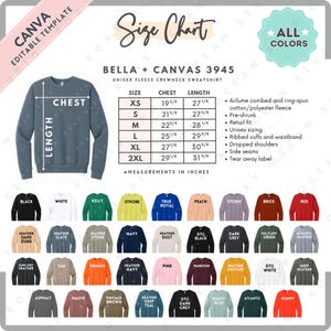 May include: A size chart for a unisex fleece crewneck sweatshirt, with measurements in inches. The chart includes chest and length measurements for sizes XS to 2XL. Color options include black, white, and red.