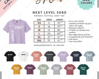 Next Level 5080 Size + Color Chart | EDITABLE Canva Template | 5080 Festival Crop Top | 5080 Size Chart | CANVA Editable Size Chart