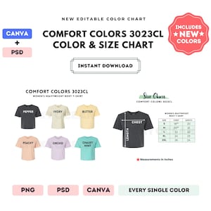 Comfort Colors 3023CL Color + Size Chart | EDITABLE Canva Template | 3023CL Women&#39;s Boxy T-Shirt | 3023CL Size Chart | CANVA + PSD Editable