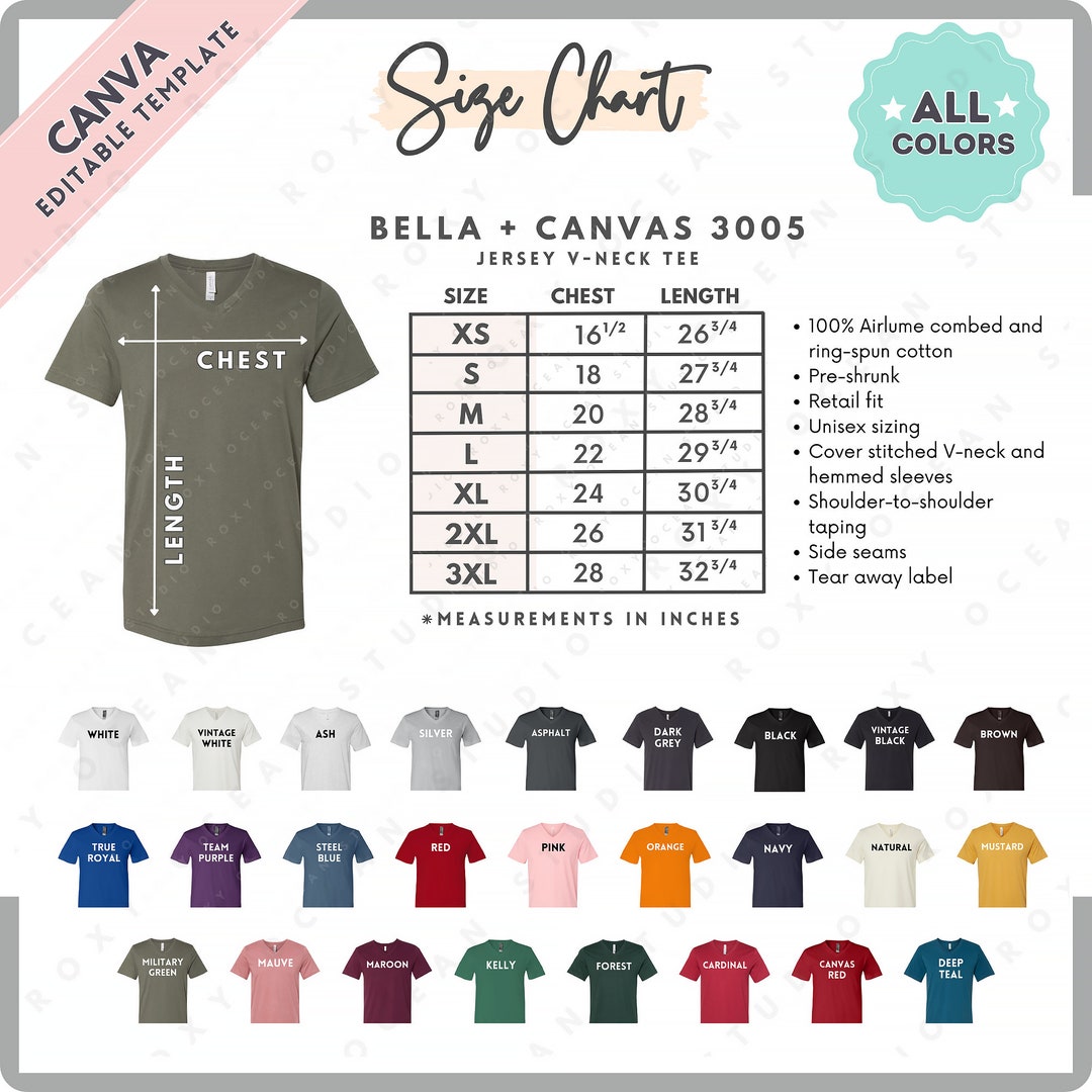 Bella Canvas 3005 Size + Color Chart | EDITABLE Canva Template | 3005 ...
