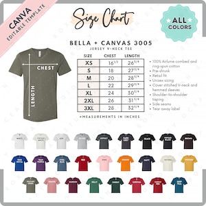 Bella Canvas 3005 Größe + Farbkarte | EDITIERBARE Canva Vorlage | 3005 Jersey T-Shirt mit V-Ausschnitt | 3005 Größentabelle | CANVA bearbeitbare Größentabelle