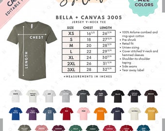 Bella Canvas 3005 Size + Color Chart | EDITABLE Canva Template | 3005 Jersey V-Neck Tee | 3005 Size Chart | CANVA Editable Size Chart