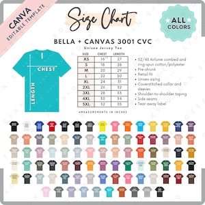 Tabla de tallas y colores Bella Canvas 3001 CVC / Plantilla Canva EDITABLE / Camiseta de jersey unisex 3001 / Tabla de tallas 3001 / Tabla de tallas editable CANVA