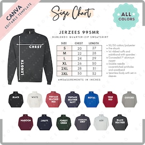 Jerzees 995MR Größe + Farbtabelle | EDITIERBARE Canva Vorlage | 995MR Viertel-Zip-Sweatshirt | 995MR Größentabelle | CANVA bearbeitbare Größentabelle